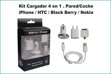 4 en 1 , Cargador Pared y Coche, Cable USB, Adaptador MicroUSB