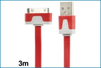 Cable USB Plano iPhone / iPad / iPod - 3 Metros . Rojo